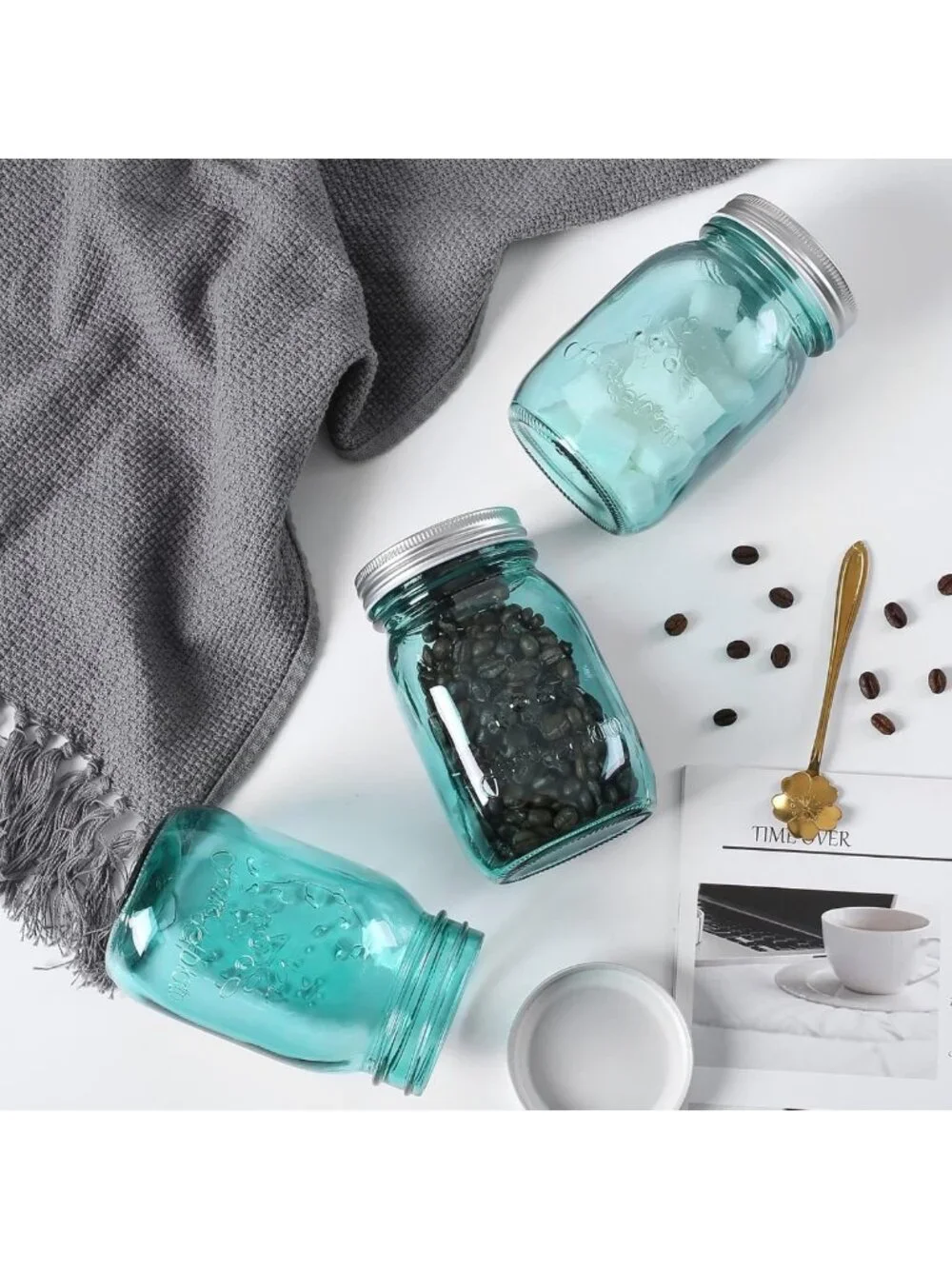 16 oz Teal Mason Jars - 6 Pack Glass Storage Containers for Canning, Pickling